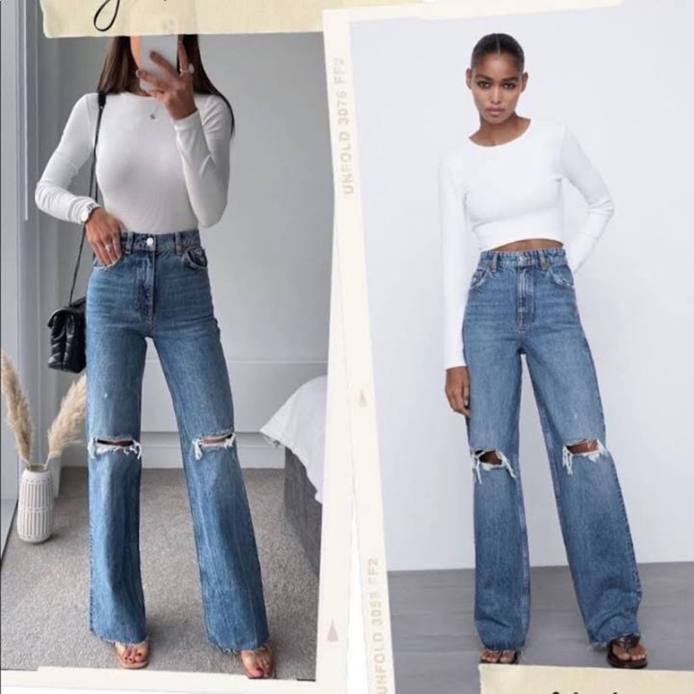 Zara Blue Distressed Wide-Leg Jeans